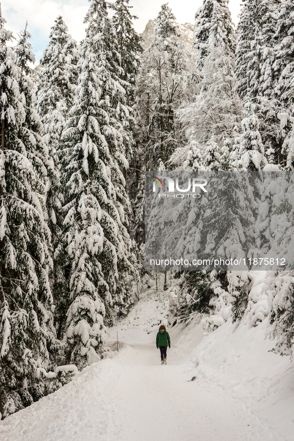 Hikers are at Eibsee in Grainau, Bavaria, Germany, on December 13, 2024. The lake is located 9 km southwest of Garmisch-Partenkirchen below...