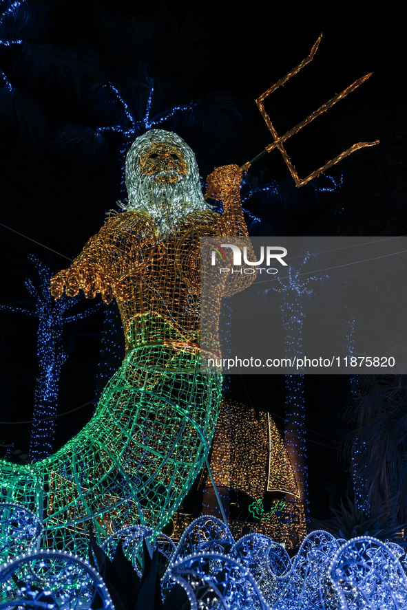 A large light installation of Poseidon is in Piazza Angelina Lauro in Sorrento, Naples, Italy, on December 16, 2024. Sorrento is a town over...