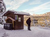 Hikers are at Eibsee in Grainau, Bavaria, Germany, on December 13, 2024. The lake is located 9 km southwest of Garmisch-Partenkirchen below...