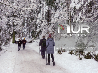 Hikers are at Eibsee in Grainau, Bavaria, Germany, on December 13, 2024. The lake is located 9 km southwest of Garmisch-Partenkirchen below...