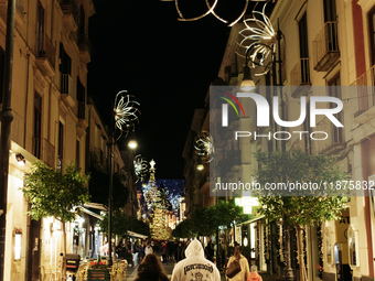 Christmas lights adorn Corso Italia in Sorrento, Naples, Italy, on December 16, 2024. Sorrento is a town overlooking the Bays of Naples in S...