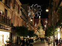 Christmas lights adorn Corso Italia in Sorrento, Naples, Italy, on December 16, 2024. Sorrento is a town overlooking the Bays of Naples in S...