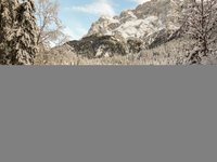 Hikers are at Eibsee in Grainau, Bavaria, Germany, on December 13, 2024. The lake is located 9 km southwest of Garmisch-Partenkirchen below...