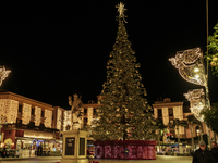 A large Christmas tree lights up Piazza Torquato Tasso in Sorrento, Naples, Italy, on December 16, 2024. Sorrento is a town overlooking the...