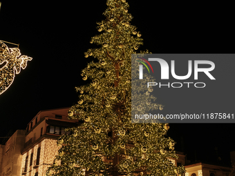 A large Christmas tree lights up Piazza Torquato Tasso in Sorrento, Naples, Italy, on December 16, 2024. Sorrento is a town overlooking the...