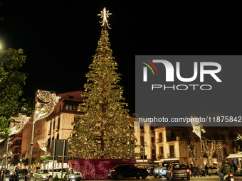 A large Christmas tree lights up Piazza Torquato Tasso in Sorrento, Naples, Italy, on December 16, 2024. Sorrento is a town overlooking the...