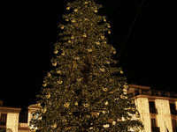 A large Christmas tree adorns Piazza Torquato Tasso in Sorrento, Naples, Italy, on December 16, 2024. Sorrento is a town overlooking the Bay...