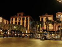 Christmas lights adorn Piazza Torquato Tasso in Sorrento, Naples, Italy, on December 16, 2024. Sorrento is a town overlooking the Bays of Na...