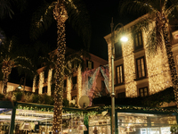 Christmas lights adorn Piazza Torquato Tasso in Sorrento, Naples, Italy, on December 16, 2024. Sorrento is a town overlooking the Bays of Na...