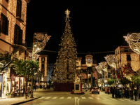 Christmas lights adorn Piazza Torquato Tasso in Sorrento, Naples, Italy, on December 16, 2024. Sorrento is a town overlooking the Bays of Na...