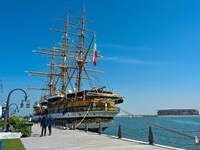 The Amerigo Vespucci, the historic sailing ship and training ship of the Italian navy, docks in Old Doha Port, Qatar, and opens for visitors...