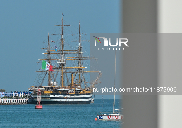 The Amerigo Vespucci, the historic sailing ship and training ship of the Italian navy, docks in Old Doha Port, Qatar, on December 17, 2024,...