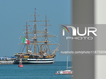 The Amerigo Vespucci, the historic sailing ship and training ship of the Italian navy, docks in Old Doha Port, Qatar, on December 17, 2024,...