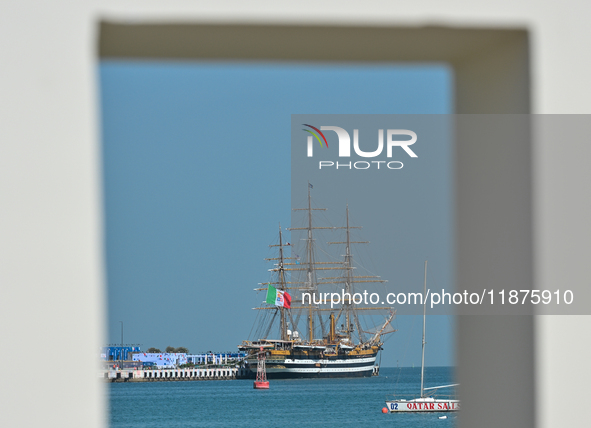 The Amerigo Vespucci, the historic sailing ship and training ship of the Italian navy, docks in Old Doha Port, Qatar, on December 17, 2024,...