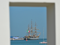 The Amerigo Vespucci, the historic sailing ship and training ship of the Italian navy, docks in Old Doha Port, Qatar, on December 17, 2024,...