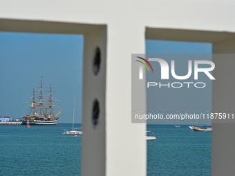 The Amerigo Vespucci, the historic sailing ship and training ship of the Italian navy, docks in Old Doha Port, Qatar, on December 17, 2024,...