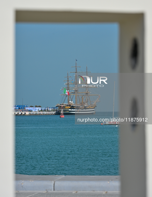 The Amerigo Vespucci, the historic sailing ship and training ship of the Italian navy, docks in Old Doha Port, Qatar, on December 17, 2024,...