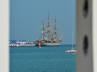 The Amerigo Vespucci, the historic sailing ship and training ship of the Italian navy, docks in Old Doha Port, Qatar, on December 17, 2024,...