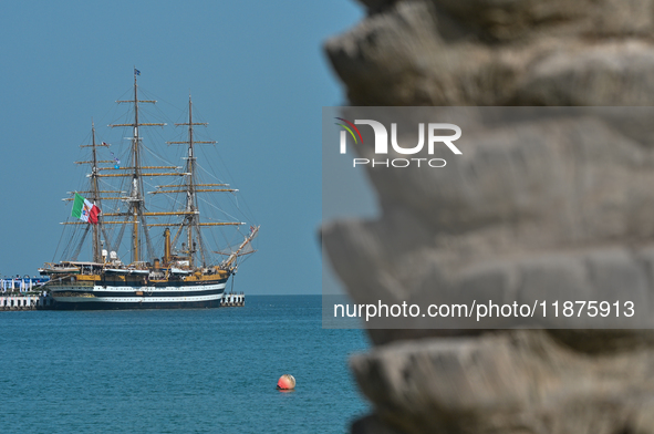 The Amerigo Vespucci, the historic sailing ship and training ship of the Italian navy, docks in Old Doha Port, Qatar, on December 17, 2024,...