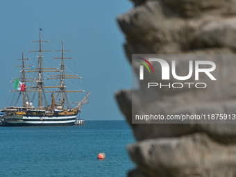 The Amerigo Vespucci, the historic sailing ship and training ship of the Italian navy, docks in Old Doha Port, Qatar, on December 17, 2024,...