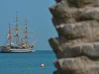 The Amerigo Vespucci, the historic sailing ship and training ship of the Italian navy, docks in Old Doha Port, Qatar, on December 17, 2024,...