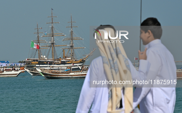 The Amerigo Vespucci, the historic sailing ship and training ship of the Italian navy, docks in Old Doha Port, Qatar, on December 17, 2024,...