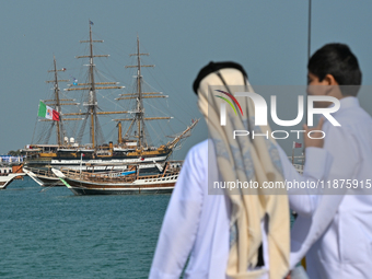 The Amerigo Vespucci, the historic sailing ship and training ship of the Italian navy, docks in Old Doha Port, Qatar, on December 17, 2024,...