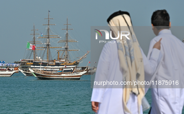 The Amerigo Vespucci, the historic sailing ship and training ship of the Italian navy, docks in Old Doha Port, Qatar, on December 17, 2024,...