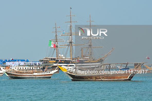 The Amerigo Vespucci, the historic sailing ship and training ship of the Italian navy, docks in Old Doha Port, Qatar, on December 17, 2024,...