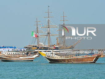 The Amerigo Vespucci, the historic sailing ship and training ship of the Italian navy, docks in Old Doha Port, Qatar, on December 17, 2024,...