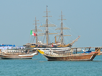 The Amerigo Vespucci, the historic sailing ship and training ship of the Italian navy, docks in Old Doha Port, Qatar, on December 17, 2024,...