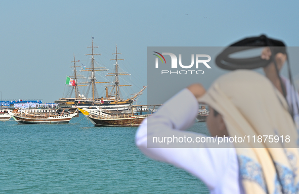 The Amerigo Vespucci, the historic sailing ship and training ship of the Italian navy, docks in Old Doha Port, Qatar, on December 17, 2024,...