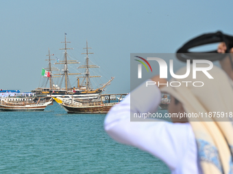 The Amerigo Vespucci, the historic sailing ship and training ship of the Italian navy, docks in Old Doha Port, Qatar, on December 17, 2024,...