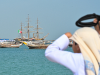 The Amerigo Vespucci, the historic sailing ship and training ship of the Italian navy, docks in Old Doha Port, Qatar, on December 17, 2024,...