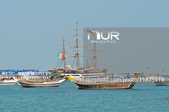 The Amerigo Vespucci, the historic sailing ship and training ship of the Italian navy, docks in Old Doha Port, Qatar, on December 17, 2024,...