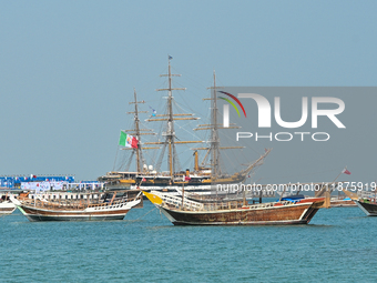 The Amerigo Vespucci, the historic sailing ship and training ship of the Italian navy, docks in Old Doha Port, Qatar, on December 17, 2024,...