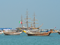 The Amerigo Vespucci, the historic sailing ship and training ship of the Italian navy, docks in Old Doha Port, Qatar, on December 17, 2024,...