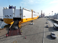 A ro-ro ship loads export vehicles at a port in Lianyungang, China, on December 18, 2024. (