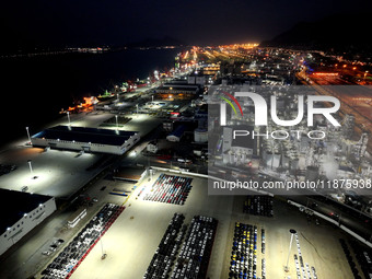 A photo taken on the evening of December 18, 2024, shows the working scene of the terminal at Lianyungang Port in Lianyungang, China, on Dec...