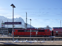 A Deutsche Bahn regional train is at the station in Garmisch-Partenkirchen, Bavaria, Germany, on December 13, 2024. (