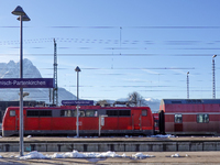 A Deutsche Bahn regional train is at the station in Garmisch-Partenkirchen, Bavaria, Germany, on December 13, 2024. (