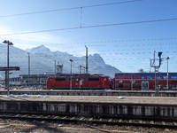 A Deutsche Bahn regional train is at the station in Garmisch-Partenkirchen, Bavaria, Germany, on December 13, 2024. (