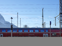 A Deutsche Bahn regional train is at the station in Garmisch-Partenkirchen, Bavaria, Germany, on December 13, 2024. (