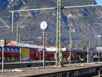 A Deutsche Bahn regional train is at the station in Garmisch-Partenkirchen, Bavaria, Germany, on December 13, 2024. (