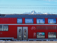 A Deutsche Bahn regional train is at the station in Garmisch-Partenkirchen, Bavaria, Germany, on December 13, 2024. (