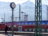 A Deutsche Bahn regional train is at the station in Garmisch-Partenkirchen, Bavaria, Germany, on December 13, 2024. (