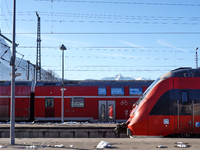 A Deutsche Bahn regional train is at the station in Garmisch-Partenkirchen, Bavaria, Germany, on December 13, 2024. (