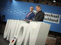 Friedrich Merz, CDU Federal Chairman and CDU/CSU Parliamentary Group Leader, and Markus Soder, the Prime Minister of Bavaria (CSU), speak to...