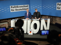 Friedrich Merz, CDU Federal Chairman and CDU/CSU Parliamentary Group Leader, and Markus Soder, the Prime Minister of Bavaria (CSU), speak to...