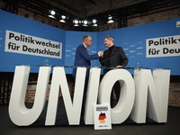 Friedrich Merz, CDU Federal Chairman and CDU/CSU Parliamentary Group Leader, and Markus Soder, the Prime Minister of Bavaria (CSU), speak to...